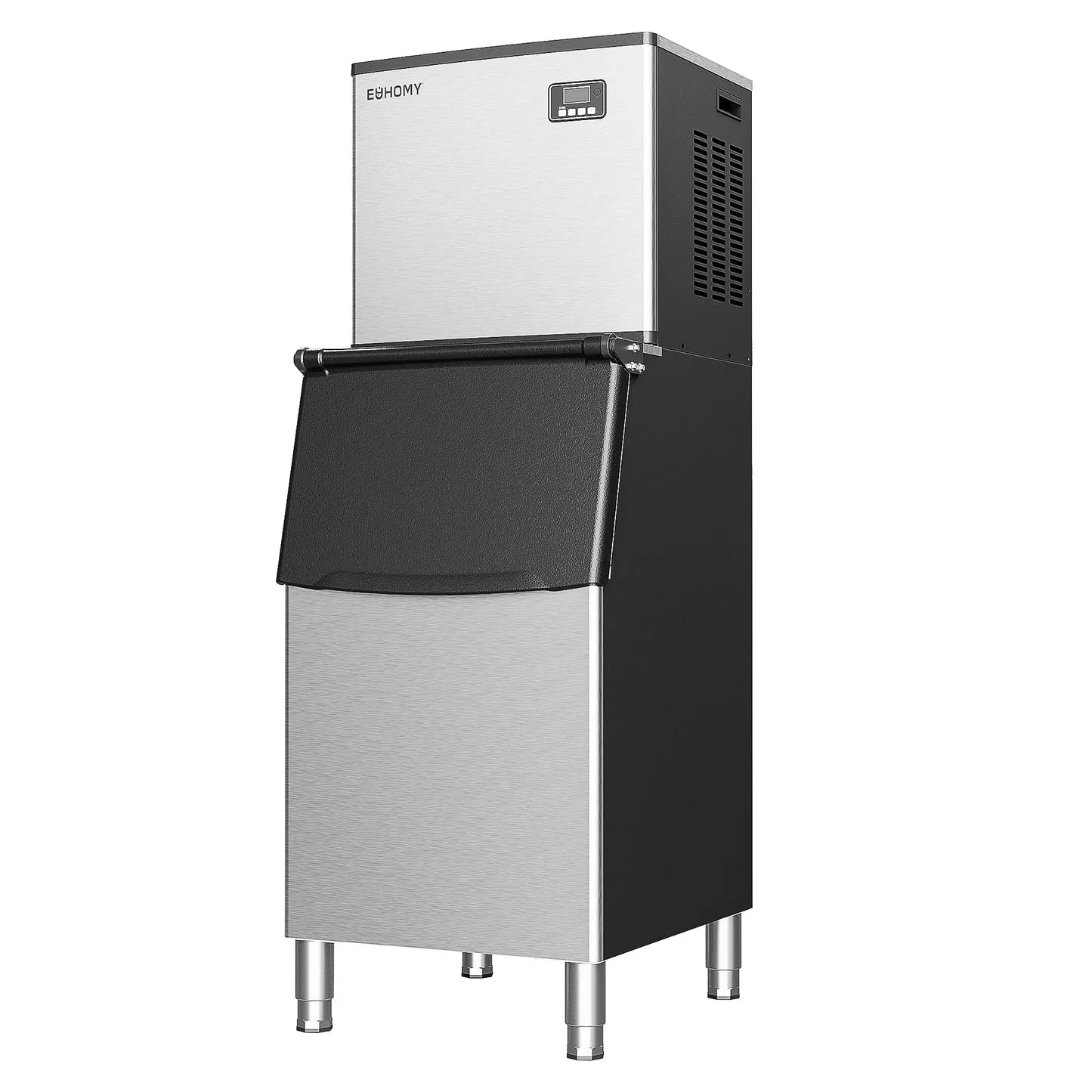 Commercial stainless steel ice maker machine with black storage bin and digital control panel on top.