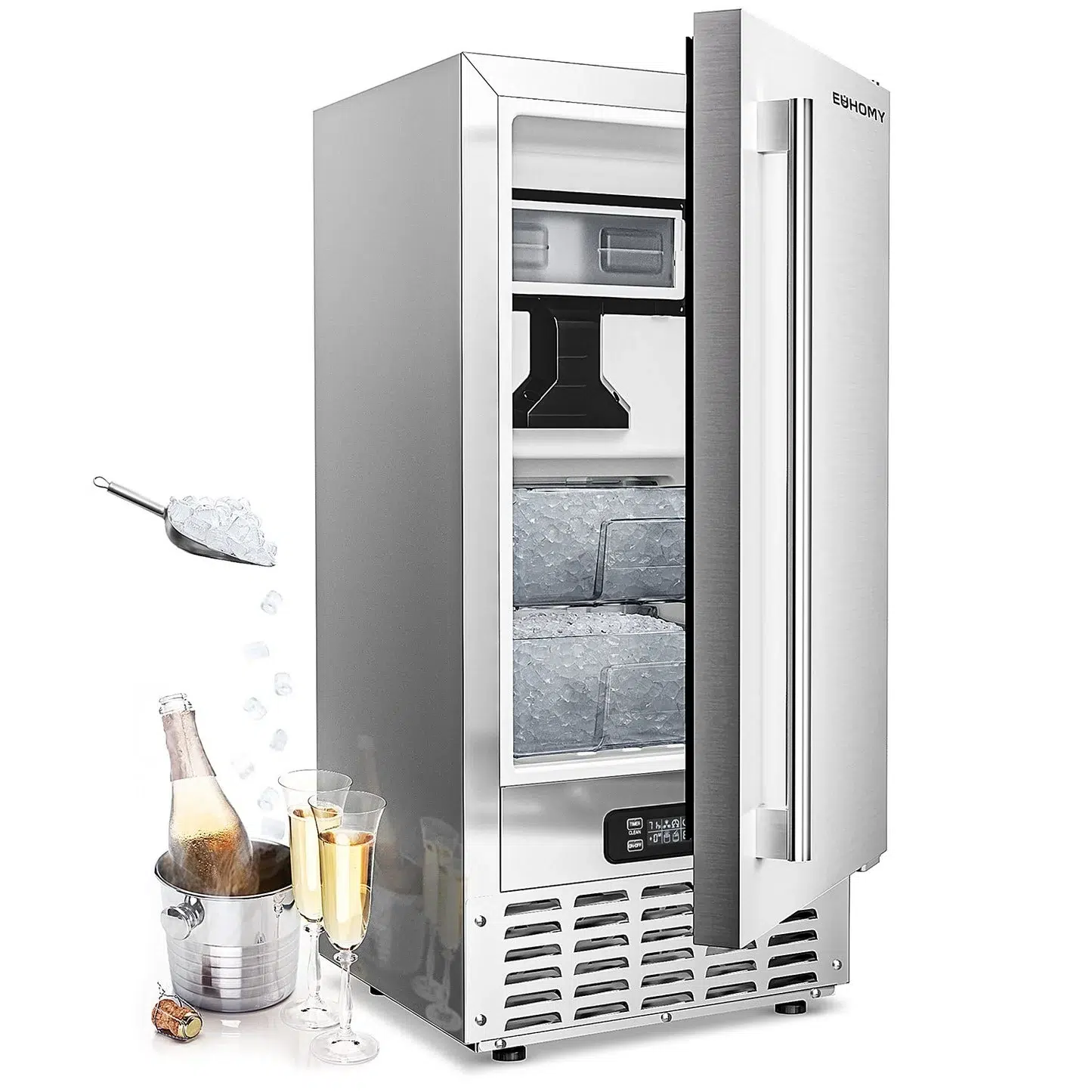 Stainless steel ice maker with open door, two ice-filled trays, ice scoop, champagne bottle in bucket, and two filled glasses.