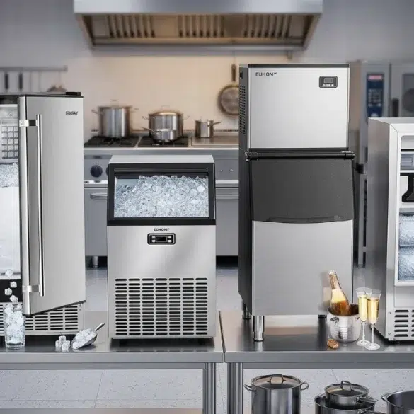 Four stainless steel ice makers on a kitchen counter, filled with ice cubes. The setting is industrial, with a stove and cookware in the background.
