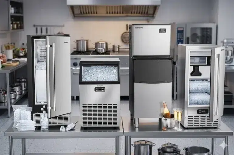 Four stainless steel ice makers on a kitchen counter, filled with ice cubes. The setting is industrial, with a stove and cookware in the background.