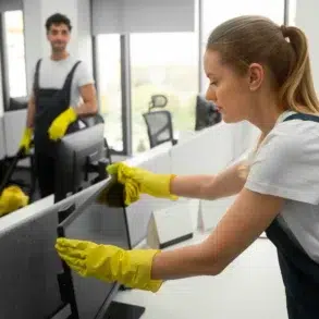 Two office cleaners in uniforms wipe down computers. A woman in the foreground cleans diligently while a man in the background holds a mop, smiling.