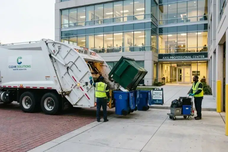 Garbage truck collecting waste outside Axis Professional Center. Two workers in safety vests manage bins, with a modern glass building in the background.