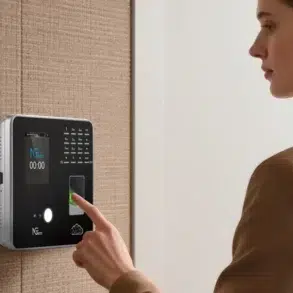 A woman's finger presses the fingerprint scanner on a modern biometric time clock mounted on a textured wall.