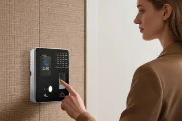 A woman's finger presses the fingerprint scanner on a modern biometric time clock mounted on a textured wall.