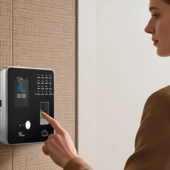 A woman's finger presses the fingerprint scanner on a modern biometric time clock mounted on a textured wall.