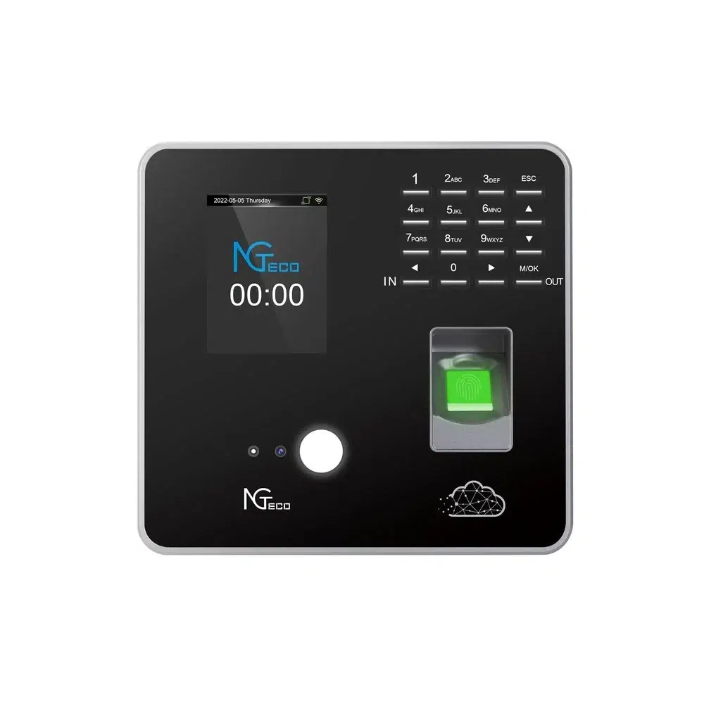 Black fingerprint time clock with a digital display showing "NG ECO 00:00" and a keypad.
