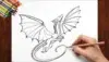 A hand sketches a detailed dragon on white paper, surrounded by colorful crayons. The dragon, with outstretched wings, conveys a sense of dynamic movement.