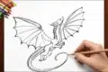 A hand sketches a detailed dragon on white paper, surrounded by colorful crayons. The dragon, with outstretched wings, conveys a sense of dynamic movement.