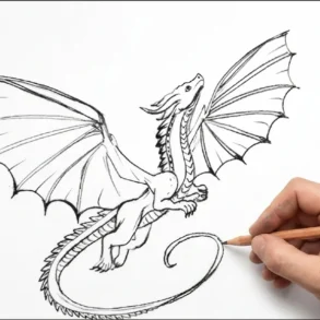 A hand sketches a detailed dragon on white paper, surrounded by colorful crayons. The dragon, with outstretched wings, conveys a sense of dynamic movement.