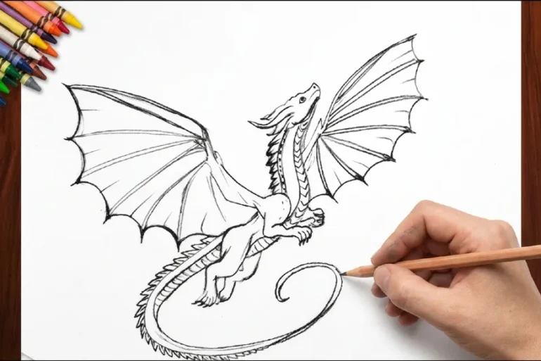 A hand sketches a detailed dragon on white paper, surrounded by colorful crayons. The dragon, with outstretched wings, conveys a sense of dynamic movement.