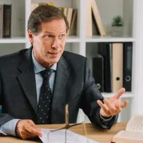 A lawyer in a suit gestures with his hands while sitting at a desk with legal documents, a balance scale, and an open book.