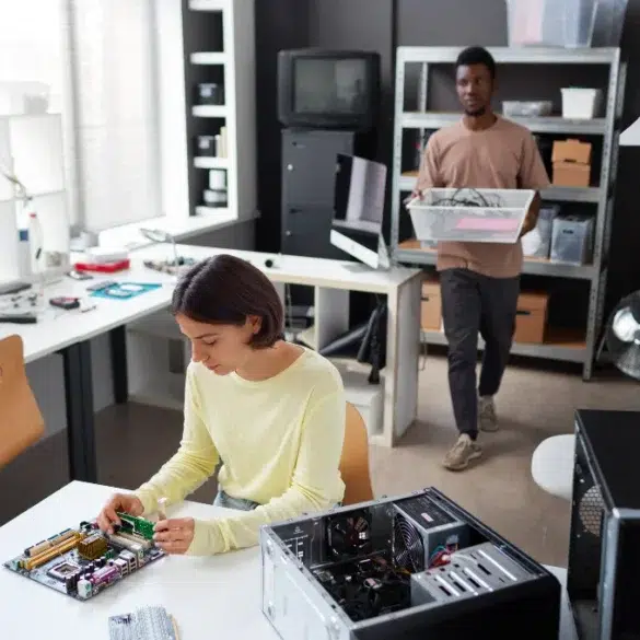 A young woman works on a computer motherboard while a man carries a bin of electronics in a workshop.