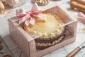 Chocolate cake with cream frosting and pink sugar flowers in a pink gift box decorated with a pink ribbon bow.