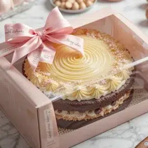Chocolate cake with cream frosting and pink sugar flowers in a pink gift box decorated with a pink ribbon bow.