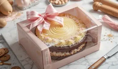 Chocolate cake with cream frosting and pink sugar flowers in a pink gift box decorated with a pink ribbon bow.