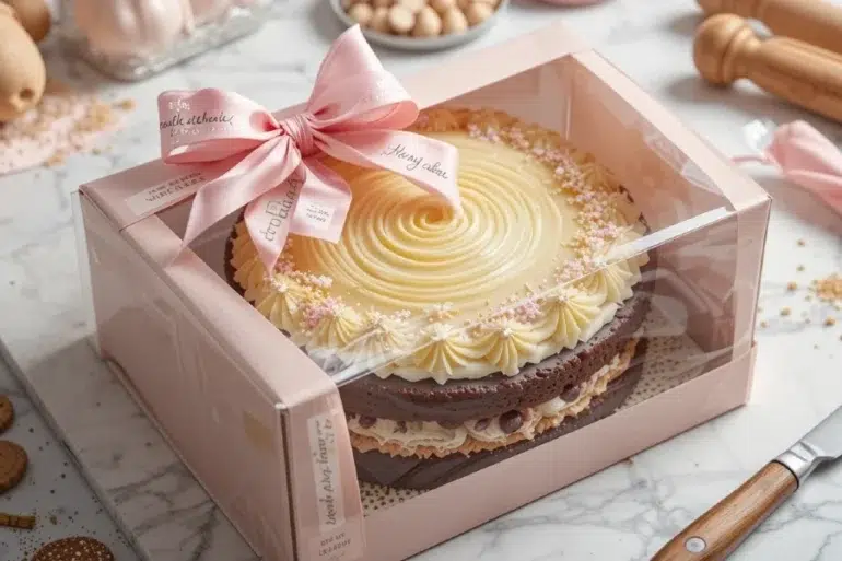 Chocolate cake with cream frosting and pink sugar flowers in a pink gift box decorated with a pink ribbon bow.
