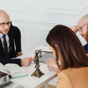 Lawyer in glasses consults with a couple at a desk with a statue of Lady Justice.