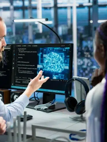 A man gestures at a computer screen displaying AI diagrams while discussing with a woman. The setting is a modern office with tech-themed decor.