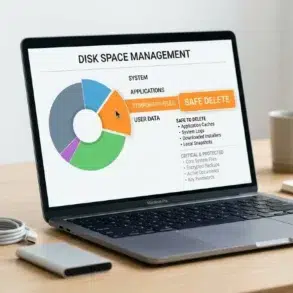 A laptop on a wooden desk displays a disk space management chart with a colorful pie graph and "SAFE DELETE" button. Nearby are a cup and external drive.