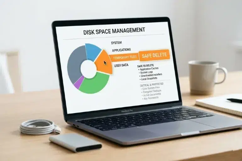 A laptop on a wooden desk displays a disk space management chart with a colorful pie graph and "SAFE DELETE" button. Nearby are a cup and external drive.