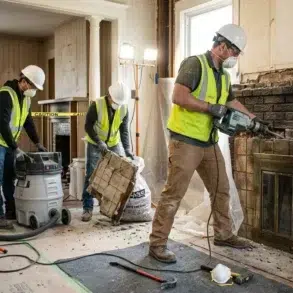 Three construction workers in safety gear and masks renovate an interior. One uses a power tool on a brick fireplace, others clean debris. Bright work lights.