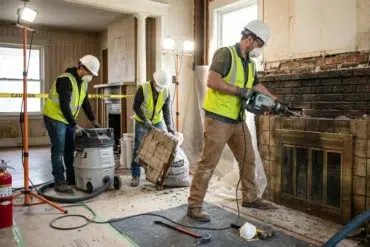 Three construction workers in safety gear and masks renovate an interior. One uses a power tool on a brick fireplace, others clean debris. Bright work lights.