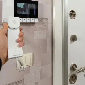 Hand holding an intercom phone in front of a mounted video screen. A secure door with multiple locks is visible, conveying safety and communication.