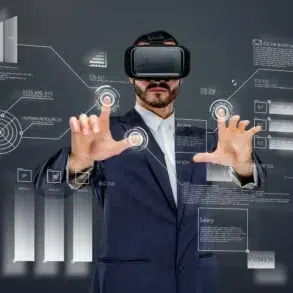 Man wearing VR headset interacts with futuristic data interfaces displaying charts and statistics.