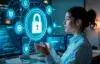 A woman in an office interacts with holographic security icons, highlighting cybersecurity. She appears focused and analytical, surrounded by monitors.