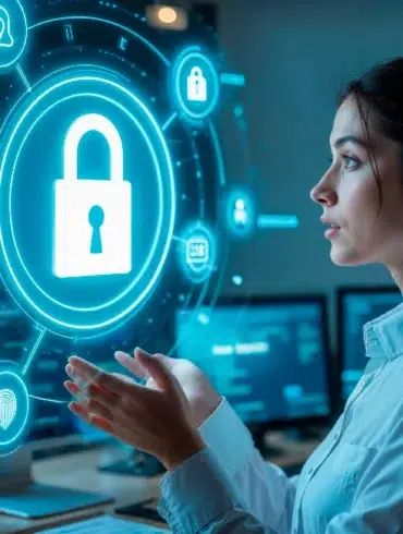 A woman in an office interacts with holographic security icons, highlighting cybersecurity. She appears focused and analytical, surrounded by monitors.