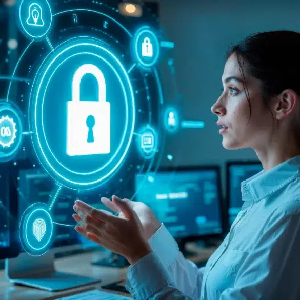 A woman in an office interacts with holographic security icons, highlighting cybersecurity. She appears focused and analytical, surrounded by monitors.