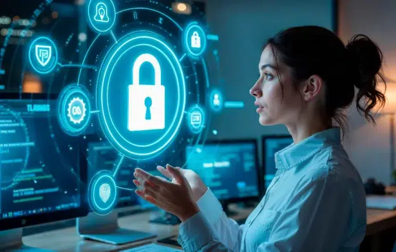 A woman in an office interacts with holographic security icons, highlighting cybersecurity. She appears focused and analytical, surrounded by monitors.