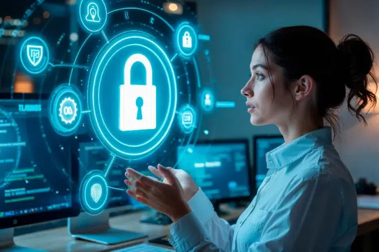 A woman in an office interacts with holographic security icons, highlighting cybersecurity. She appears focused and analytical, surrounded by monitors.