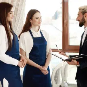 A manager in a suit talks to two smiling waitresses in blue aprons inside a bright, elegant restaurant. They appear engaged and professional.