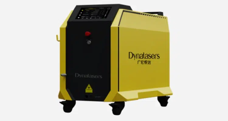 Yellow and black Dynalasers industrial laser machine with control panel and wheels on a white background.