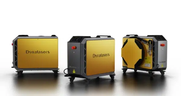 Three portable Dynatasers laser devices in gold and black, shown from front, side, and open with internal components visible.