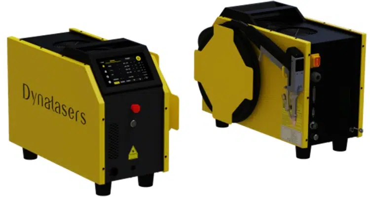 Two yellow and black machines with "Dynalasers" branding. One shows a digital control panel; the other features a cable reel. Industrial and modern design.