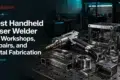A handheld laser welder on a workshop table with metal components around it. Text beside reads, 'Best Handheld Laser Welder for Workshops, Repairs, and Metal Fabrication.' The setting is industrial, with a focus on precision tools.