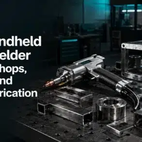 A handheld laser welder on a workshop table with metal components around it. Text beside reads, 'Best Handheld Laser Welder for Workshops, Repairs, and Metal Fabrication.' The setting is industrial, with a focus on precision tools.