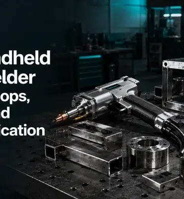 A handheld laser welder on a workshop table with metal components around it. Text beside reads, 'Best Handheld Laser Welder for Workshops, Repairs, and Metal Fabrication.' The setting is industrial, with a focus on precision tools.