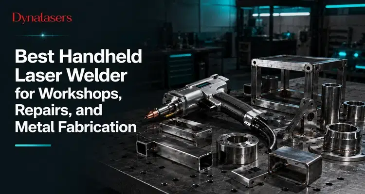 A handheld laser welder on a workshop table with metal components around it. Text beside reads, 'Best Handheld Laser Welder for Workshops, Repairs, and Metal Fabrication.' The setting is industrial, with a focus on precision tools.