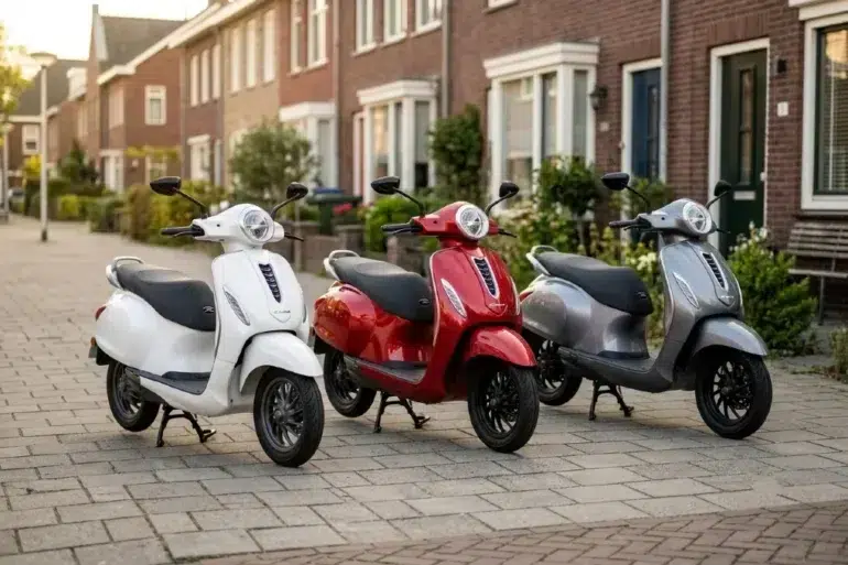 Three scooters in white, red, and silver are parked on a residential street with brick houses and greenery in the background, creating a serene urban scene.