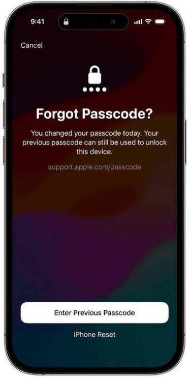 An iPhone screen displays a passcode reset message with options to enter the previous passcode or to reset the phone. Background features a dark, colorful gradient.