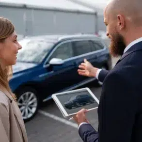 A man in a suit shows a woman a tablet displaying a car while standing near a blue vehicle outdoors, both smiling, suggesting a car sale.