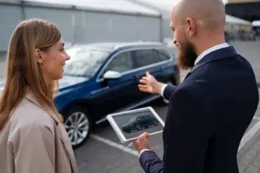 A man in a suit shows a woman a tablet displaying a car while standing near a blue vehicle outdoors, both smiling, suggesting a car sale.