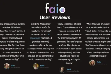 User reviews for Faio AI, detailing its benefits for small business, clinical observations, economics teaching, and creative brainstorming.