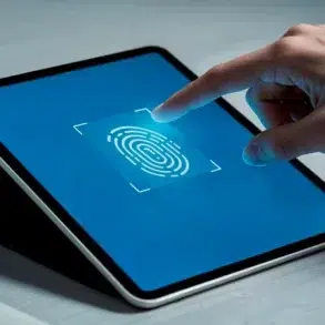 A hand touches a tablet screen displaying a large fingerprint icon on a blue background, symbolizing biometric security. The setting is minimal and modern.