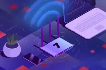Isometric illustration of a WiFi router, laptop, smartphone, and potted plant on a futuristic blue grid.