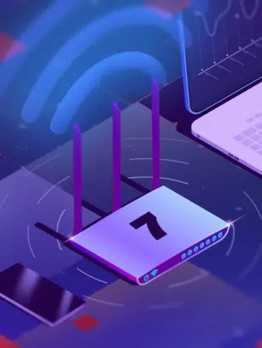 Isometric illustration of a WiFi router, laptop, smartphone, and potted plant on a futuristic blue grid.