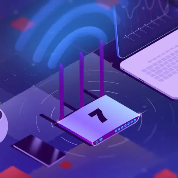 Isometric illustration of a WiFi router, laptop, smartphone, and potted plant on a futuristic blue grid.